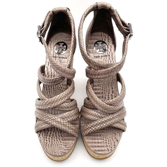 Tory Burch Taupe Reptile Embossed Leather Strappy Cork Wedge Sandals Size 10.5 - Picture 3 of 16